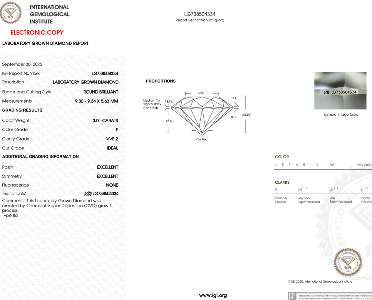 Round Lab Grown Diamond 3.01 CT